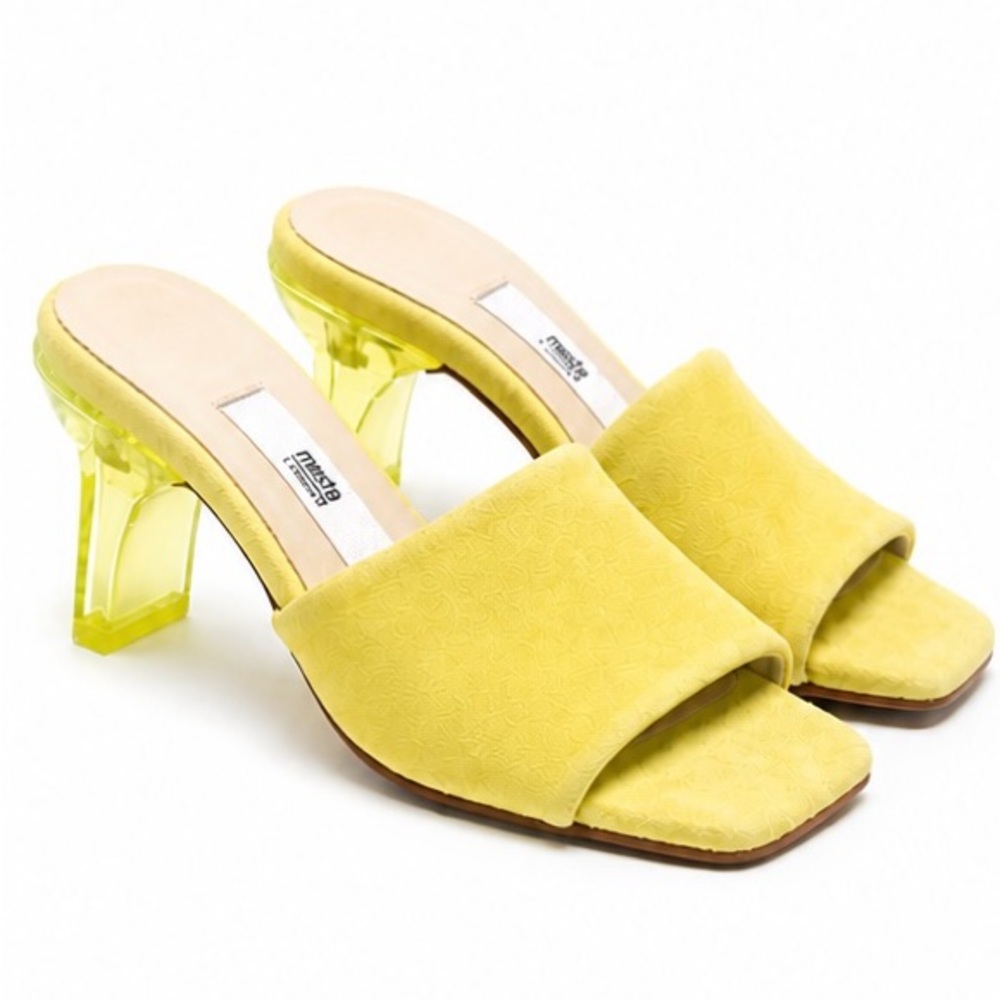 NWOT Missta London Yellow Suede Lucite Heel Mules EU 36 Open Toe Sandals
